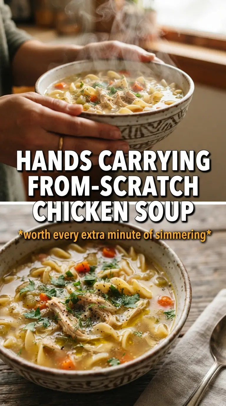 Chicken Noodle Soup From Scratch, rich broth, shredded chicken