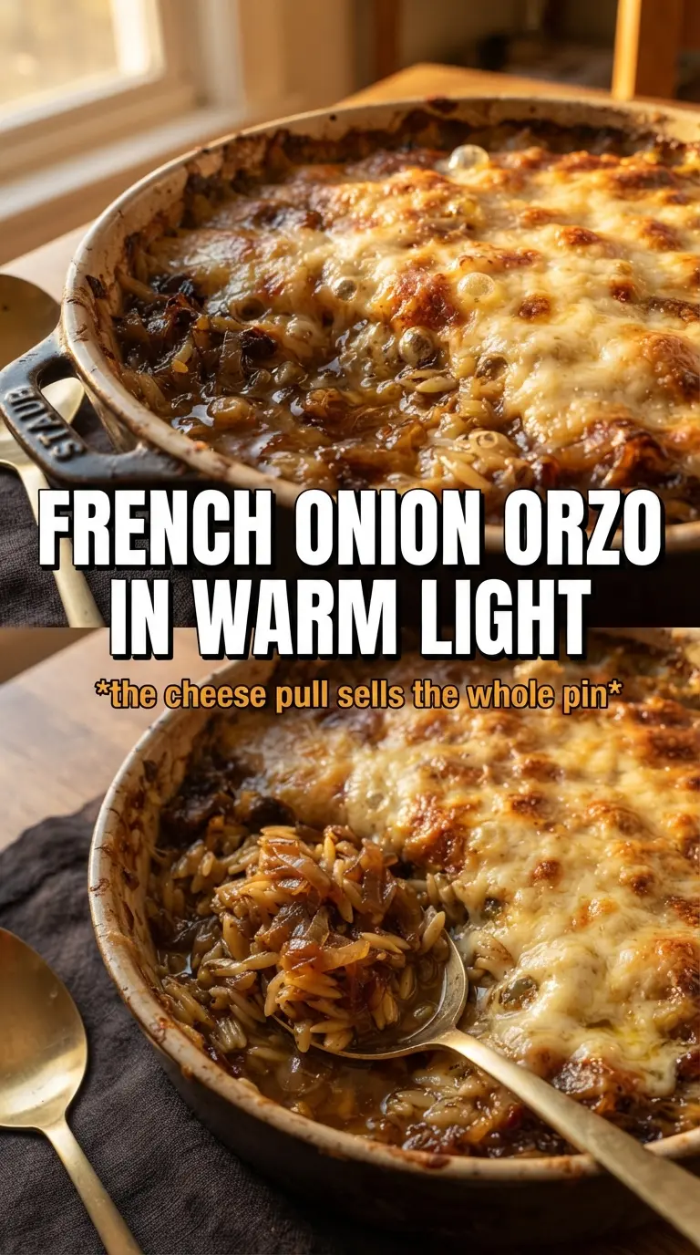 French Onion Chicken Orzo Casserole golden creamy baked