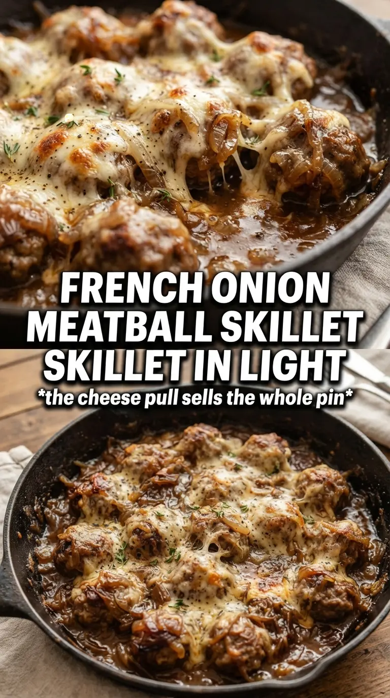 French Onion Meatball Skillet caramelized cheesy savory