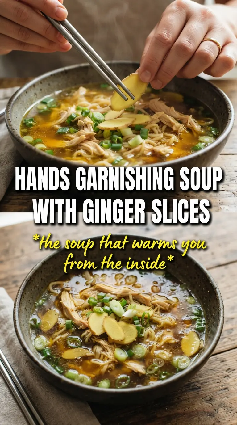 Ginger Garlic Chicken Noodle Soup clear broth, shredded chicken, sesame finish