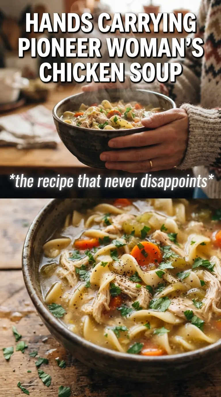 Pioneer Woman chicken noodle soup rich golden broth, hearty, comforting