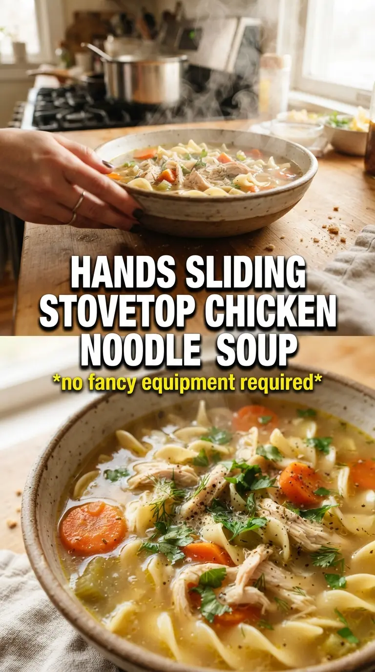 Stovetop Chicken Noodle Soup clear broth, shredded chicken, egg noodles