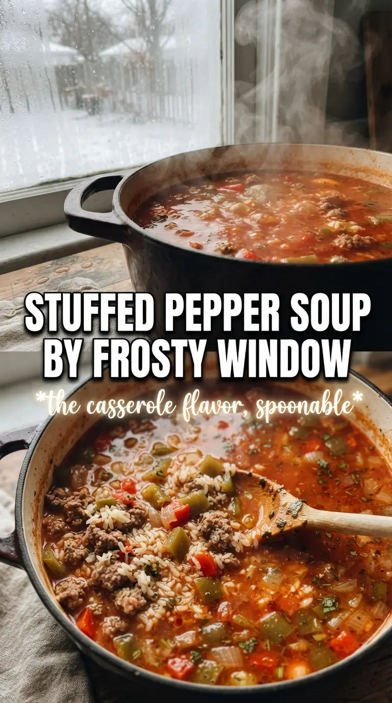 Stuffed Peppers Soup hearty tomato broth, ground beef, melted cheddar