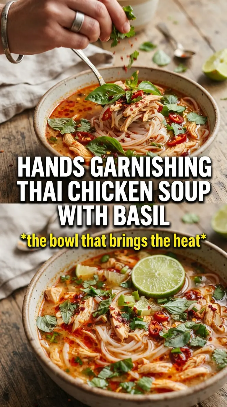 Thai Chicken Noodle Soup golden coconut-curry broth, rice noodles, herbs